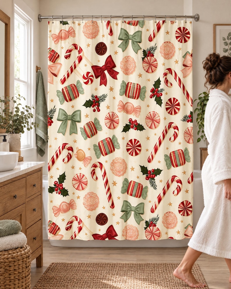 Candy cane Christmas shower curtain in a bright bathroom with a wood vanity and woven rug, as a woman in a white robe walks past.