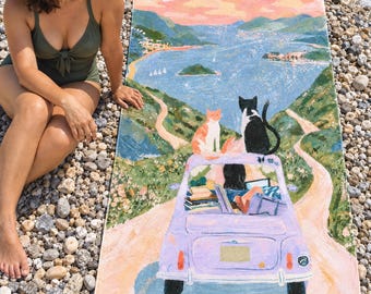 Cat Beach Towel, Funny Cats in Vintage Car Art, Whimsical Coastal Road Trip — Cat Lover Gift