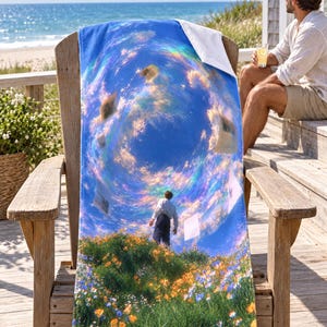 Swirling sky dreamer beach towel draped over a wooden Adirondack chair on a seaside deck, a top corner folded back to the white terry back; a man in sunglasses and a white shirt sits on the steps holding a drink.