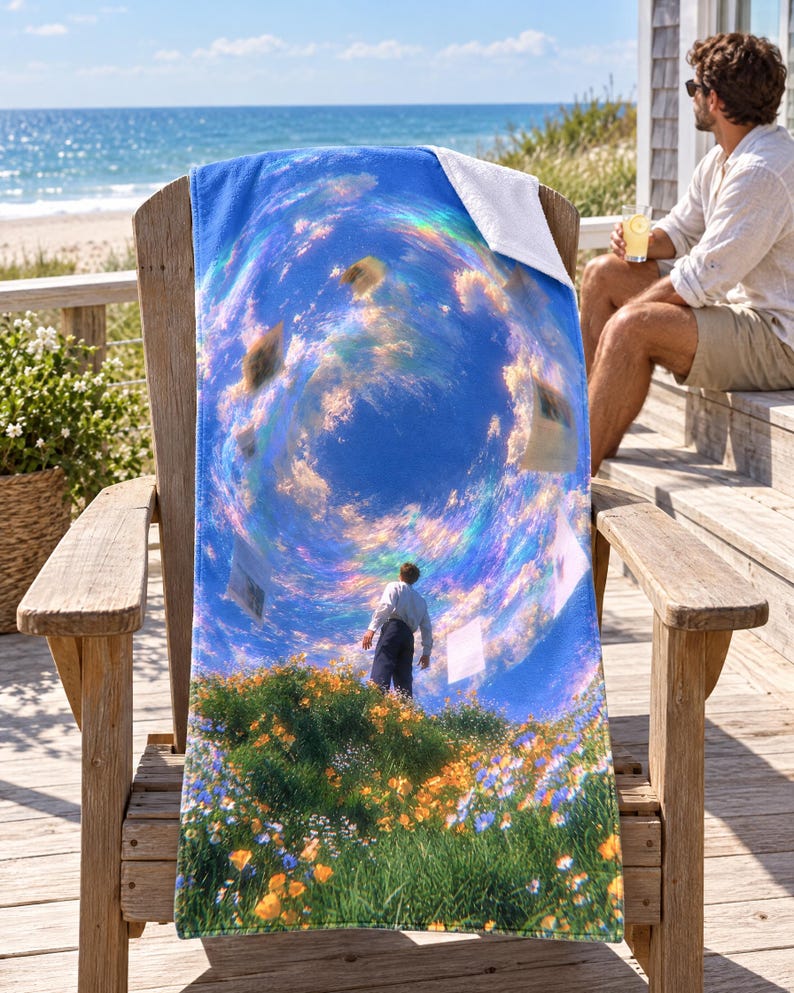 Swirling sky dreamer beach towel draped over a wooden Adirondack chair on a seaside deck, a top corner folded back to the white terry back; a man in sunglasses and a white shirt sits on the steps holding a drink.