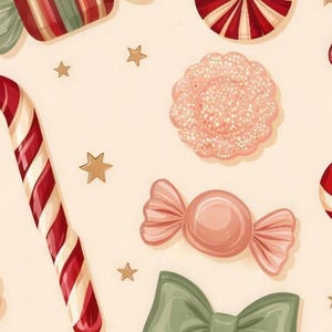 Close-up of the beach towel's print: a red-and-white candy cane, pink sugared candy, a blush wrapped candy, a sage bow and gold stars on cream.