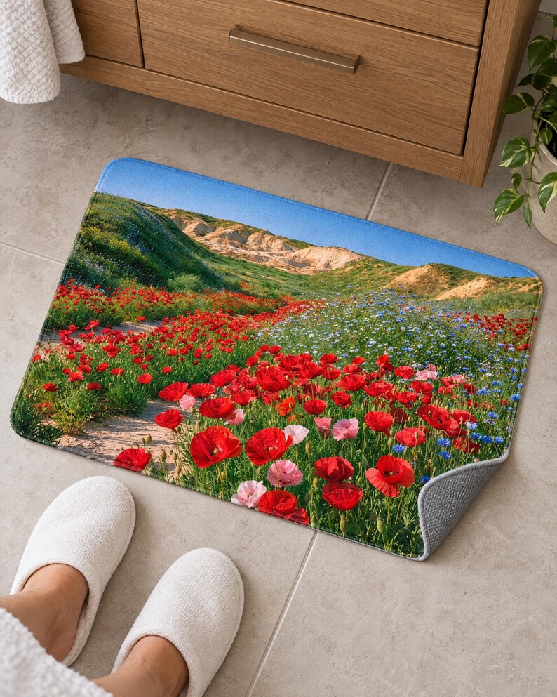 Poppy and wildflower bath mat on a gray tiled floor beside a wooden vanity, with feet in white slippers at the front edge; one corner flips up to show the gray anti-slip back.