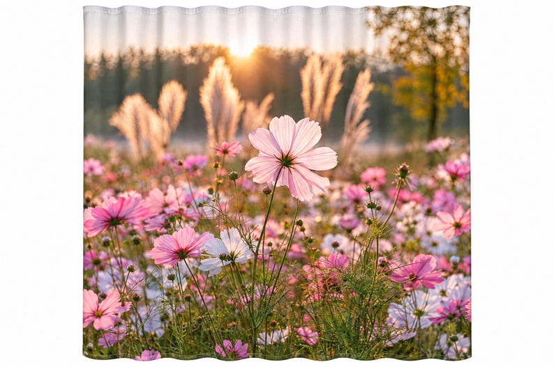 K&ouml;nnte beinhalten: Ein Duschvorhang mit einem Fotodruck eines Feldes voller bl&uuml;hender rosa und wei&szlig;er Kosmeen. Die Szene ist in das Licht eines goldenen Sonnenuntergangs getaucht, wobei hohe Gr&auml;ser im Hintergrund einen warmen, hinterleuchteten Glanz erzeugen.