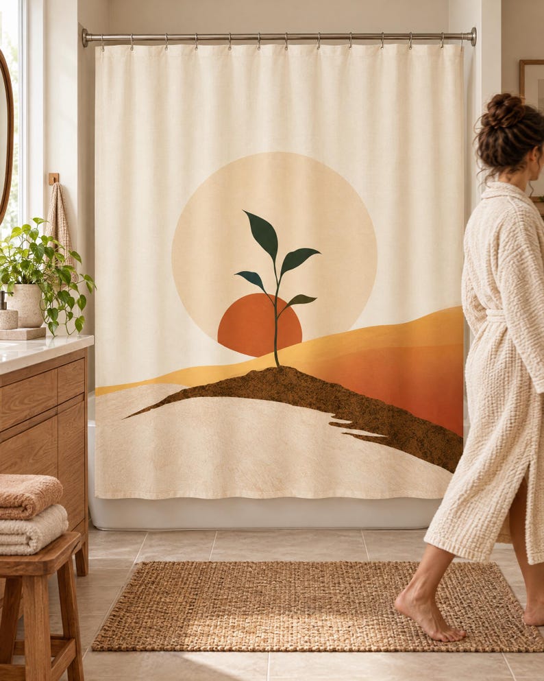 Wider view of a bright bathroom with the boho seedling sun shower curtain closed across the tub, a wooden vanity with a plant and towels to the left and a woman in a cream robe walking past barefoot on a woven rug.