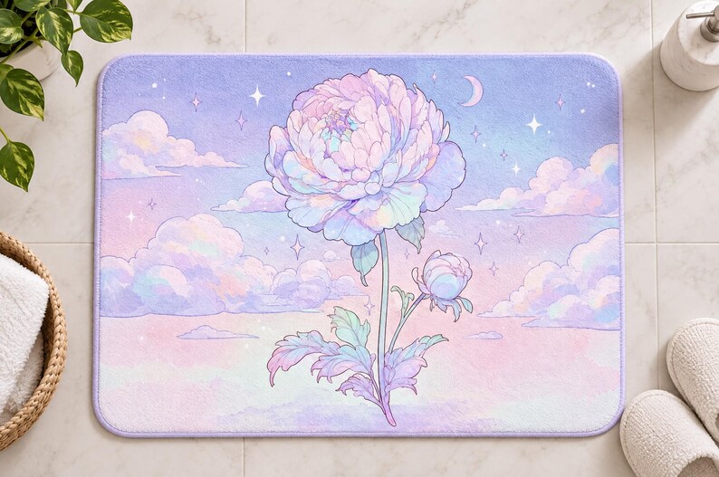 May include: A rectangular bath mat featuring a pastel-coloured illustration of a large peony flower and a smaller bud. The background displays a dreamy sky with soft pink and purple clouds, a crescent moon, and scattered four-pointed stars.