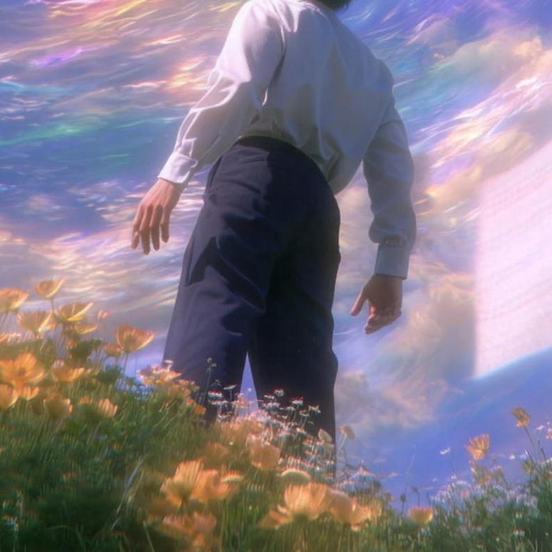 Close-up of the printed design on the beach towel: the man's white shirt and dark trousers from the shoulders down among orange flowers, with rainbow-tinted clouds and a floating page behind him.
