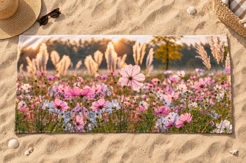 Floral Beach Towel, Pink Cosmos Flower Field Photo Art, Golden Hour Garden Decor — Garden Lover Gift bild 3