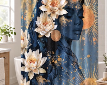 May include: A shower curtain featuring a profile illustration of a person with dark blue skin and hair adorned with large white lotus flowers. The design includes gold sun motifs and splattered gold paint accents against a deep blue background.