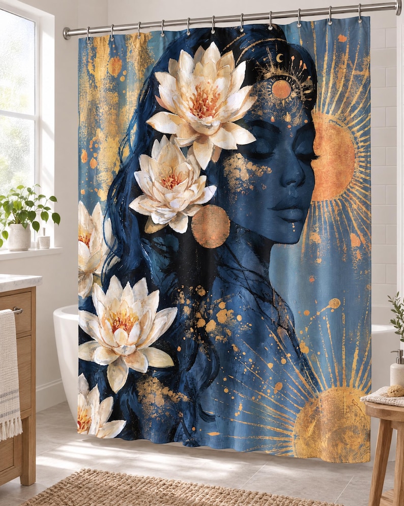 Puede incluir: Una cortina de ducha con una ilustraci&oacute;n de perfil de una persona con piel y cabello azul oscuro adornado con grandes flores de loto blancas. El dise&ntilde;o incluye motivos solares dorados y salpicaduras de pintura dorada sobre un fondo azul.