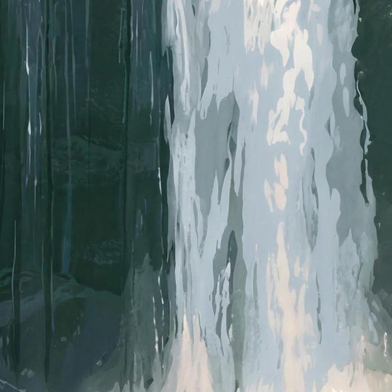 Close-up of the printed design on the beach towel: the white falling water of the waterfall in soft painted streaks against dark green rock.