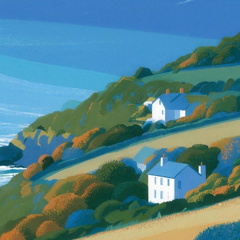 Close-up of the printed design on the bath mat: two white cottages with blue roofs and chimneys on a green slope above the sea, ringed by orange and green shrubs.