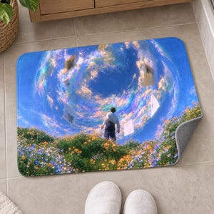 Swirling cloud sky bath mat on a tiled floor by a wooden vanity, showing the small figure in the flower meadow under the blue cloud spiral; feet in white slippers rest in front and one corner flips up to show the gray back.