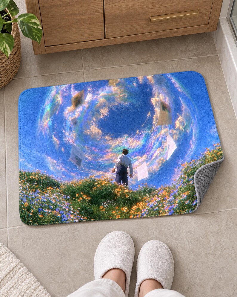 Swirling cloud sky bath mat on a tiled floor by a wooden vanity, showing the small figure in the flower meadow under the blue cloud spiral; feet in white slippers rest in front and one corner flips up to show the gray back.