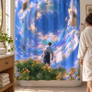 Wider view of a bright bathroom with the surreal swirling sky shower curtain closed across the tub, a wooden vanity with folded towels to the left and a woman in a white robe walking past barefoot on the right.