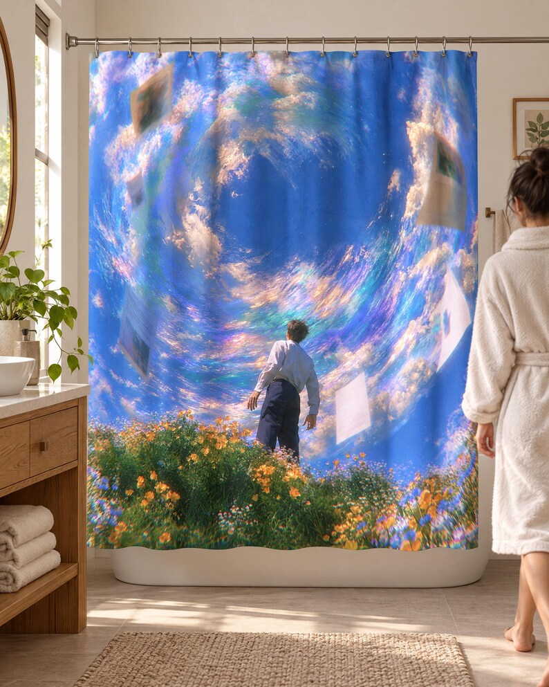 Wider view of a bright bathroom with the surreal swirling sky shower curtain closed across the tub, a wooden vanity with folded towels to the left and a woman in a white robe walking past barefoot on the right.