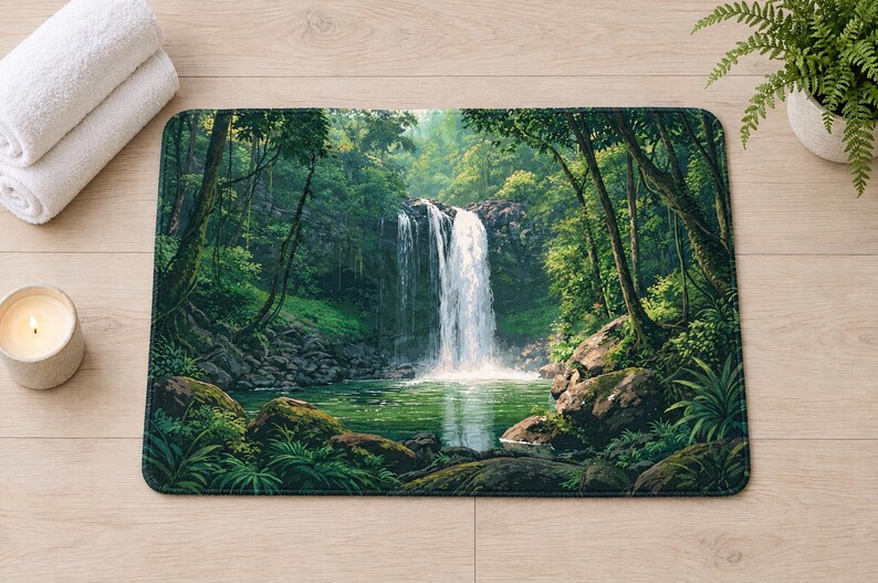 Overhead view of the whole jungle waterfall bath mat on a light wood floor, with rolled white towels, a lit candle and a potted fern beside it.