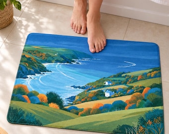 Coastal Bath Mat, Blue Sea Cliff Cottage Art, Beach House Decor — Housewarming Gift