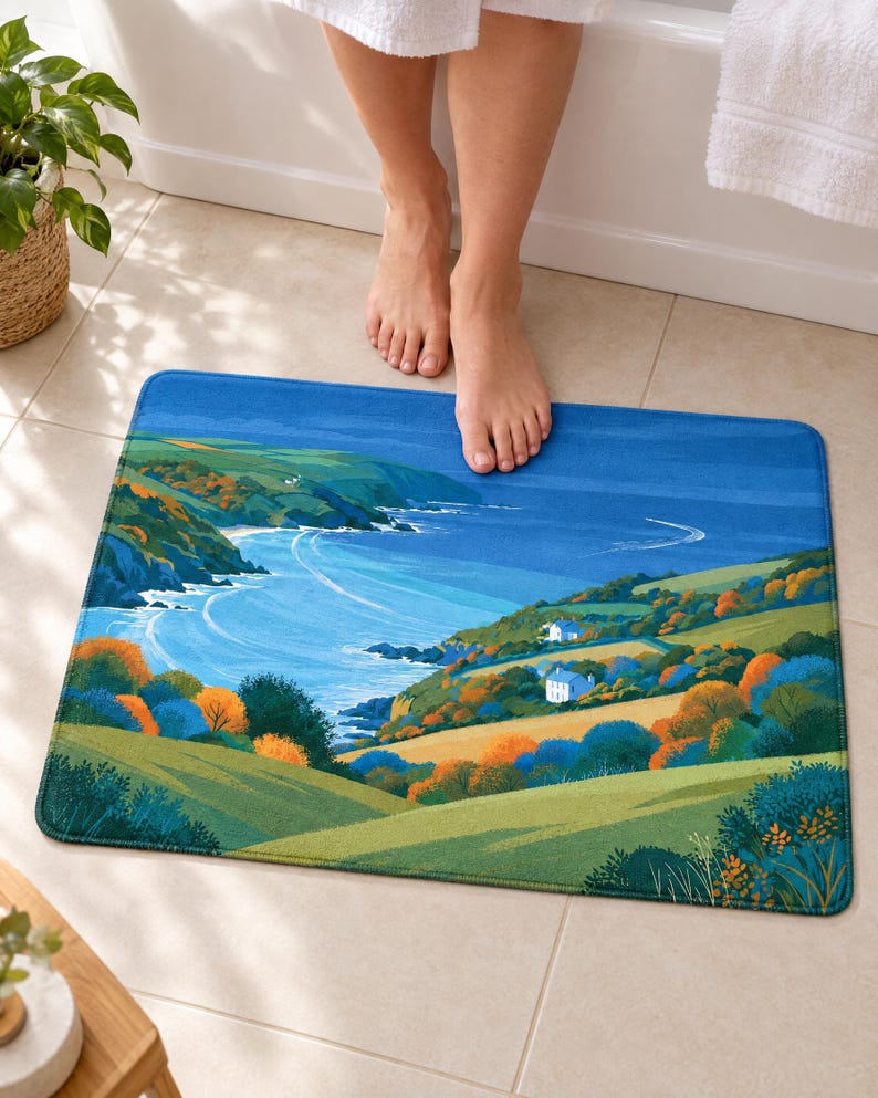 Cliffside cottage bath mat on a tiled floor in front of a white bathtub: a blue bay curves past green headlands and two white cottages among orange and blue shrubs; bare feet stand on the top edge nearest the tub.