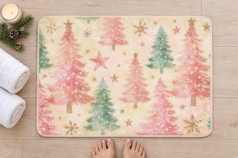 Pink Christmas tree bath mat seen from above on a light wood floor, with rolled white towels, a candle, a pine sprig and bare feet at the bottom edge.