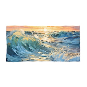 Ocean Wave Beach Towel, Watercolor Wave Art, Large 36x72 Beach Towel, Blue Teal Sunset Wave, Pool Towel for Adults, Beach House Gift image 2
