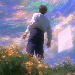 Close-up of the printed design on the bath mat: the man seen from behind with dark hair, a white shirt and dark trousers, standing in orange flowers beside a floating sheet of paper under shimmering clouds.