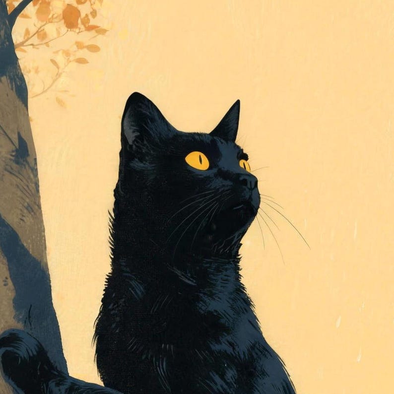 Close-up of the printed design on the bath mat: a black cat with gold eyes and long whiskers looking up beside a tree trunk and a sprig of autumn leaves.
