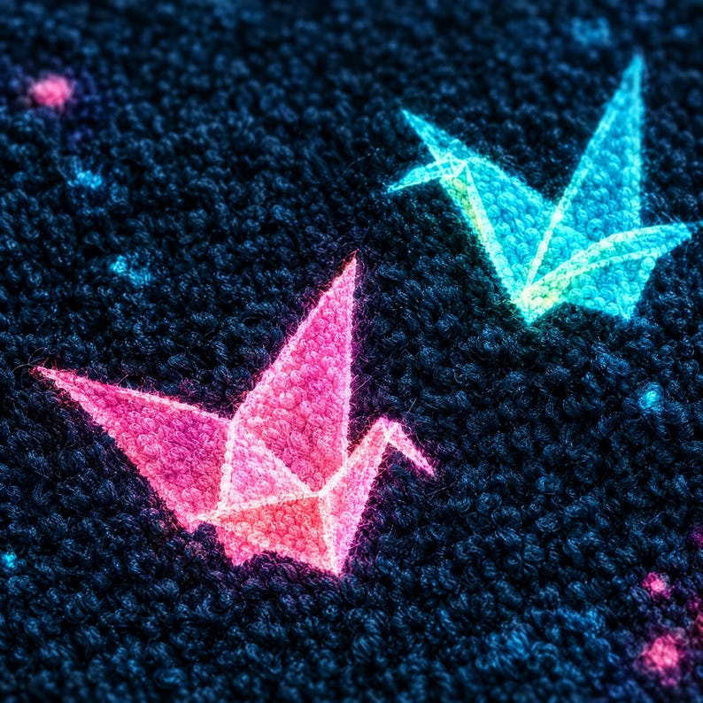May include: A dark navy blue textured fabric featuring two embroidered origami cranes. One crane is rendered in a vibrant neon pink thread, while the other is depicted in a bright neon cyan blue thread, both showcasing geometric folded paper details.