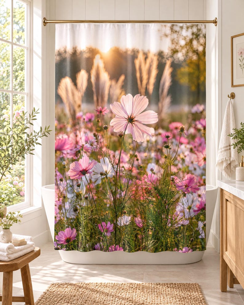 K&ouml;nnte beinhalten: Ein Duschvorhang mit einem Fotodruck eines Feldes aus rosa und wei&szlig;en Kosmosblumen unter einem goldenen Sonnenuntergangshimmel. Das Design zeigt hohe Gr&auml;ser im Hintergrund und gr&uuml;ne St&auml;ngel in der gesamten Blumenwiese.