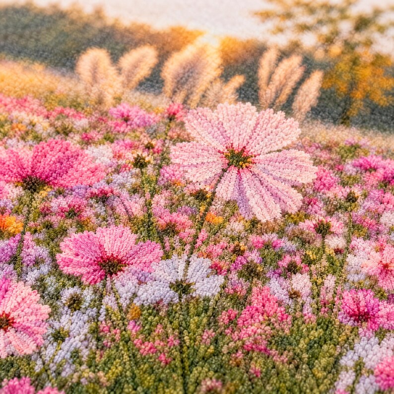 Peut inclure: Une broderie au point de croix d&eacute;taill&eacute;e repr&eacute;sentant un champ vibrant de fleurs cosmos roses et blanches. Les points textur&eacute;s cr&eacute;ent un effet doux et dimensionnel, mettant en valeur diverses nuances de feuillage vert et un arri&egrave;re-plan dor&eacute;.