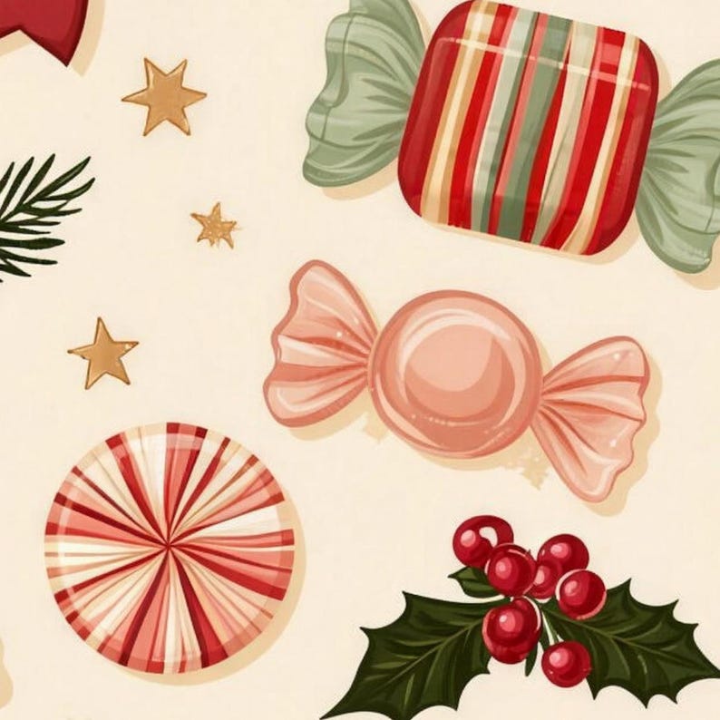 Close-up of the shower curtain's print: striped wrapped candies with sage ends, a blush wrapped candy, a peppermint swirl, holly with red berries and gold stars on cream.