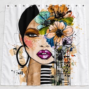 May include: A shower curtain featuring a watercolor-style illustration of a face with dark hair, large hoop earrings, and bright magenta lips. The design incorporates abstract floral elements in orange, blue, and green, with black and white stripes.