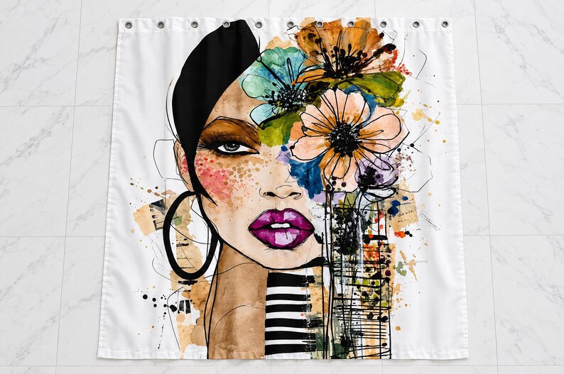 May include: A shower curtain featuring a watercolor-style illustration of a face with dark hair, large hoop earrings, and bright magenta lips. The design incorporates abstract floral elements in orange, blue, and green, with black and white stripes.