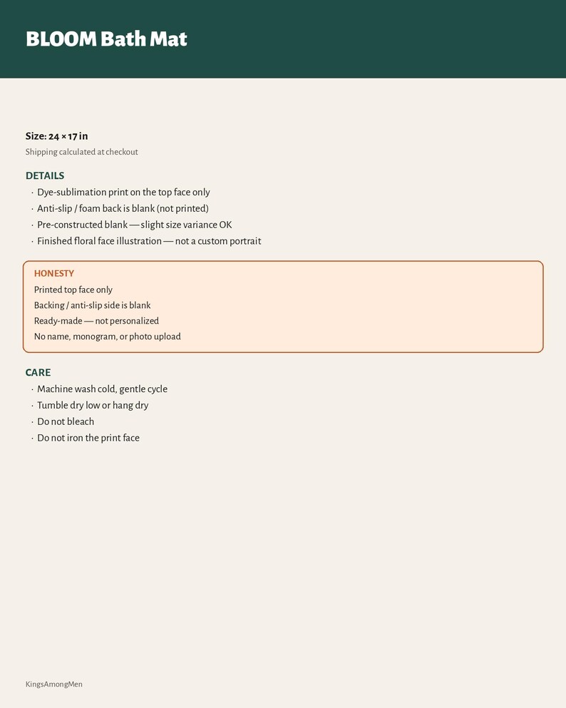 May include: A product information sheet for the BLOOM Bath Mat, measuring 24 x 17 inches. The text details dye-sublimation printing on the top face, an anti-slip foam backing, care instructions including machine wash cold, and a disclaimer.