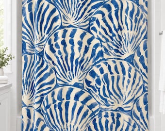 Coastal Shower Curtain, Blue Scallop Seashell Watercolor Print, Beach House Bathroom Decor — Housewarming Gift