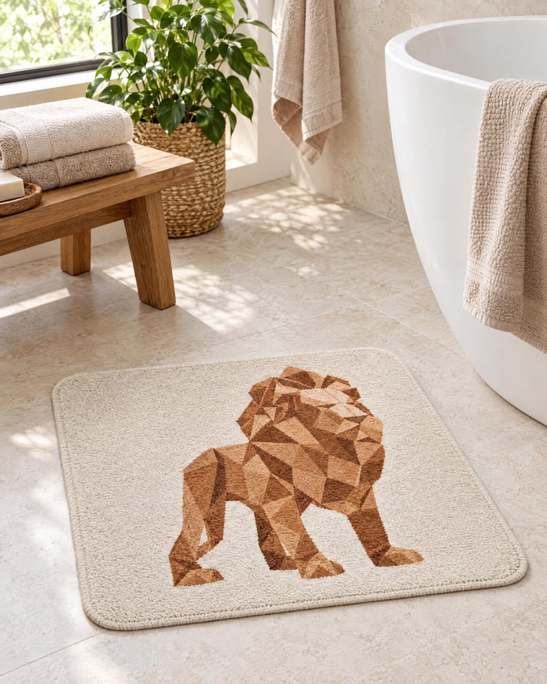 May include: A rectangular bath mat in a light beige colour featuring a geometric lion design in shades of brown. The lion is composed of various triangular and polygonal shapes, creating a faceted appearance on the textured surface of the mat.