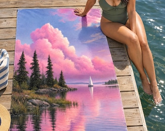Lake House Beach Towel, Pink Sky Pine Lake Art, Cabin Decor — Housewarming Gift