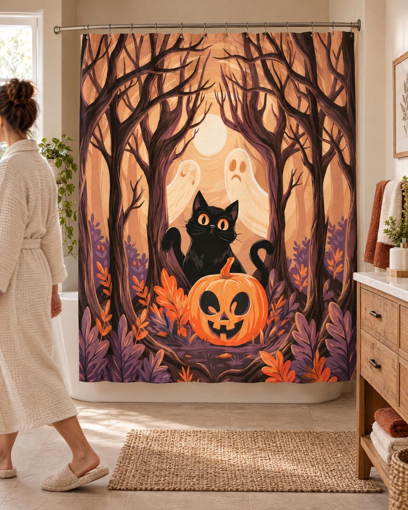 Wider view of a bright bathroom with the black cat and jack-o'-lantern shower curtain closed across the tub, a wooden vanity to the right and a woman in a robe and slippers walking past.