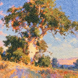 May include: A tufted textile wall hanging featuring a landscape scene with a large central tree. The foliage displays shades of green, orange, and yellow, set against a light blue sky. The foreground shows a field with purple and orange tones.