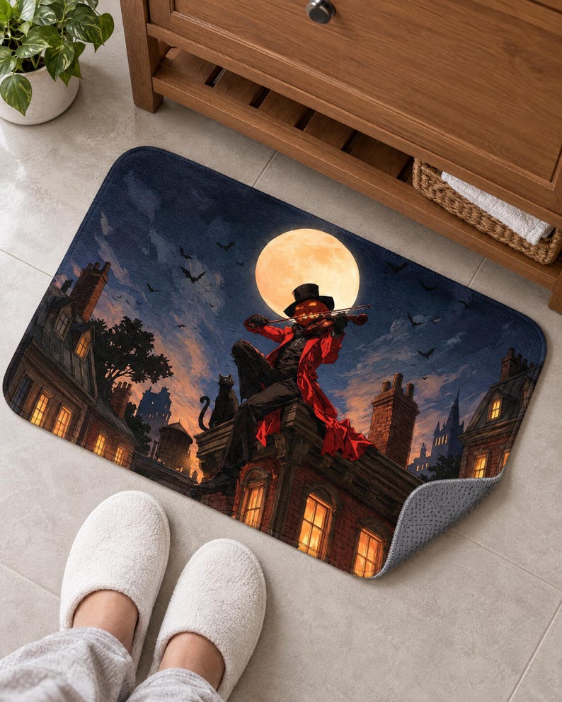Bath mat with a pumpkin-head violinist, black cat, bats and glowing brick townhouses under a full moon, on a tiled floor by a wooden vanity; feet in white slippers rest nearby and one corner flips up to show the gray anti-slip back.
