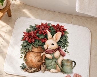 Christmas Bath Mat, Poinsettia Bunny Watercolor Art, Christmas Garden Decor — Gardener Gift