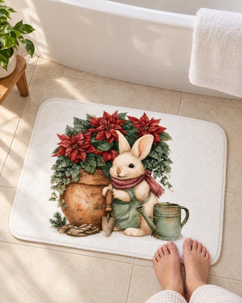 Watercolor bath mat with a cream bunny in a sage apron and scarf beside a pot of red poinsettias and a watering can on white, on a tiled floor by a tub with bare feet at the edge.