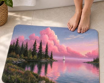 Badrumsmatta med sjöhus, rosa himmelsfärgad sjökonst, stugdekor — Inflyttningspresent