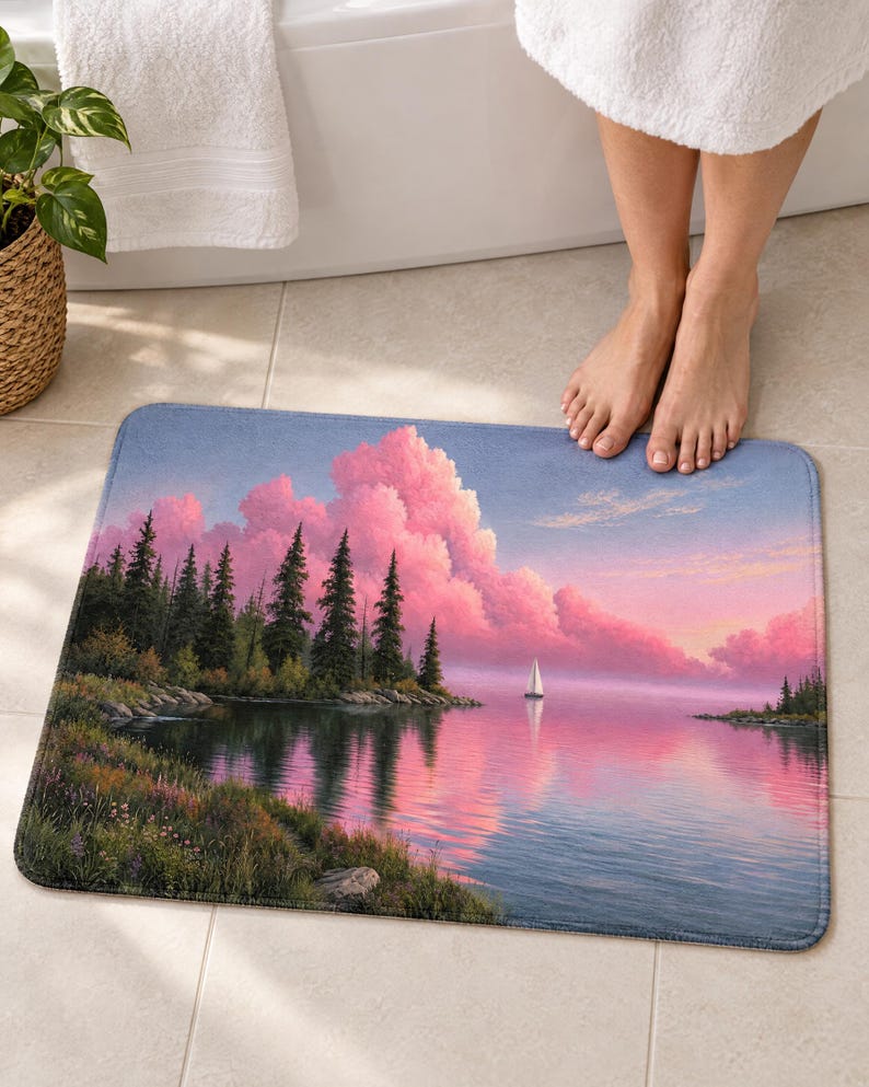 Pink cloud lake bath mat on a tiled floor in front of a white bathtub: pines on a grassy shore, a white sailboat and pink clouds reflected in calm water; bare feet stand on the top edge nearest the tub.