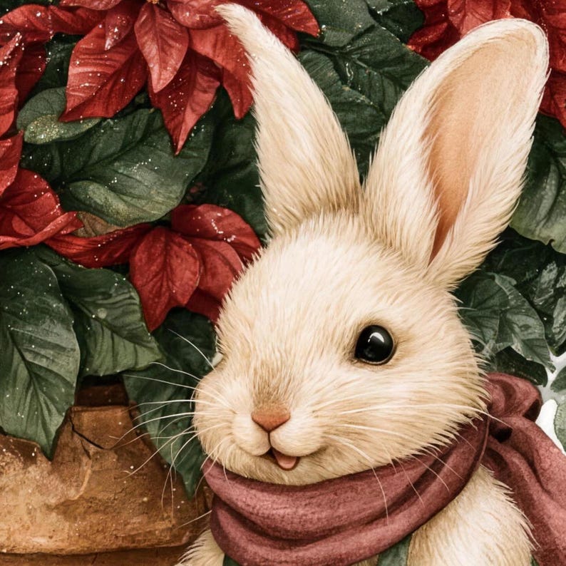 Close-up of the bath mat's watercolor art: the bunny's face, ears and berry-colored scarf in front of red poinsettias and green leaves.
