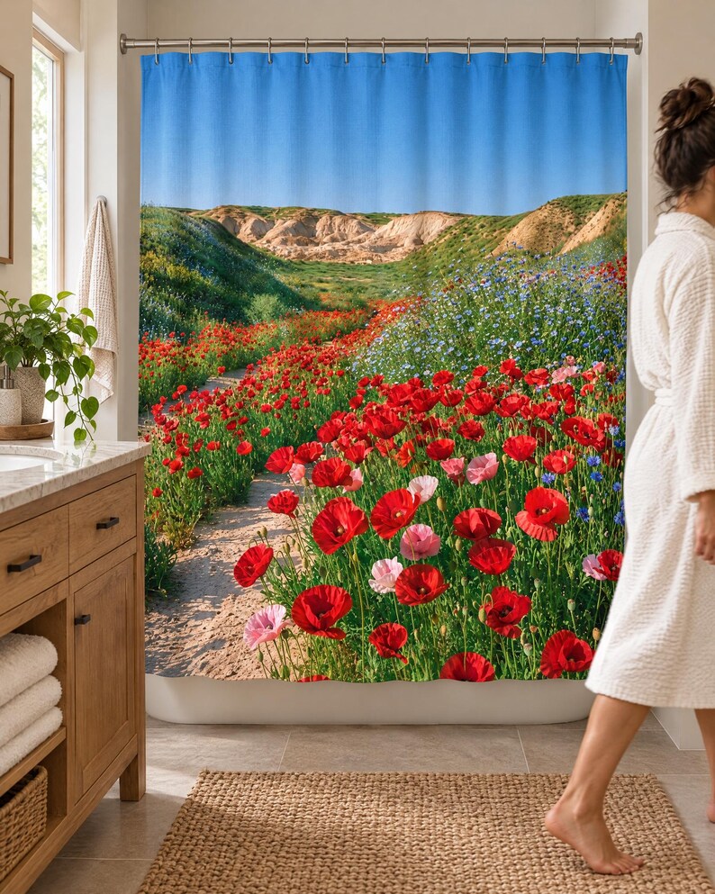 Wider view of a sunny bathroom with the red poppy wildflower shower curtain closed across the tub, a wooden vanity and plant to the left and a woman in a white robe walking past barefoot.