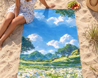 Daisy Beach Towel, Daisy Meadow Anime Landscape, Cottagecore Decor — Summer Gift