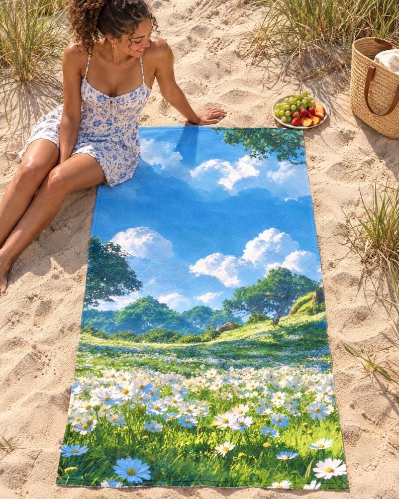 Daisy meadow beach towel laid on sand among dune grass, printed with white daisies and green hills under a blue sky with puffy clouds, as a woman in a floral sundress sits beside it.