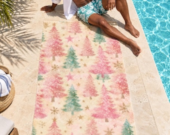 Pink Christmas Tree Beach Towel, Vintage Pastel Christmas Art, Sage Trees, Stars and Snowflakes — Hostess Gift