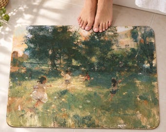 Garden Bath Mat, Impressionist Summer Garden Art, Nostalgic Green Decor — Gift for Grandma