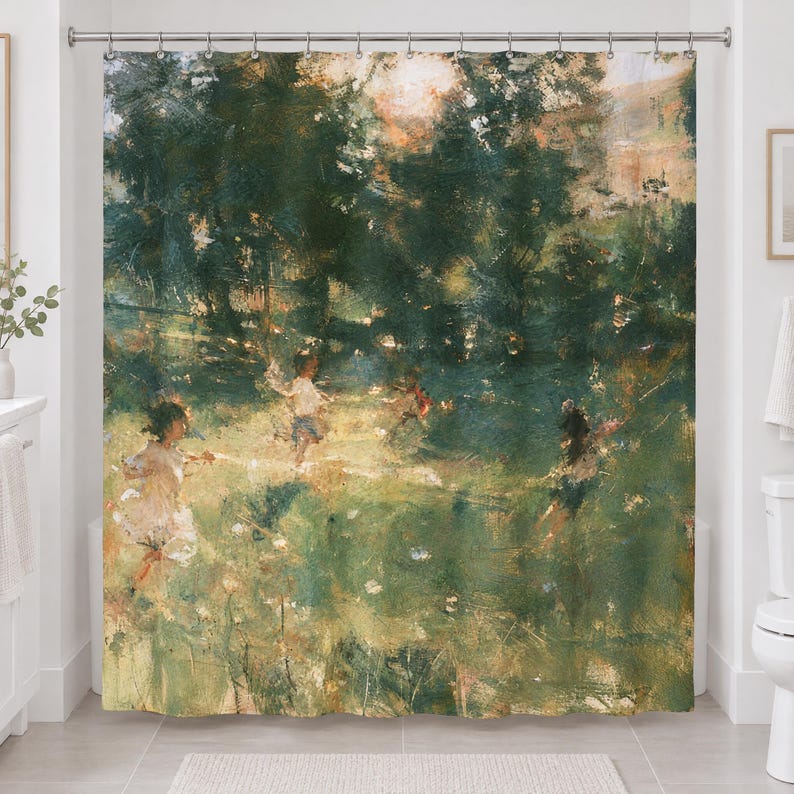 Straight-on view of the whole impressionist garden shower curtain hanging in a white bathroom, showing dense dark trees across the top and children playing in the golden green grass below.